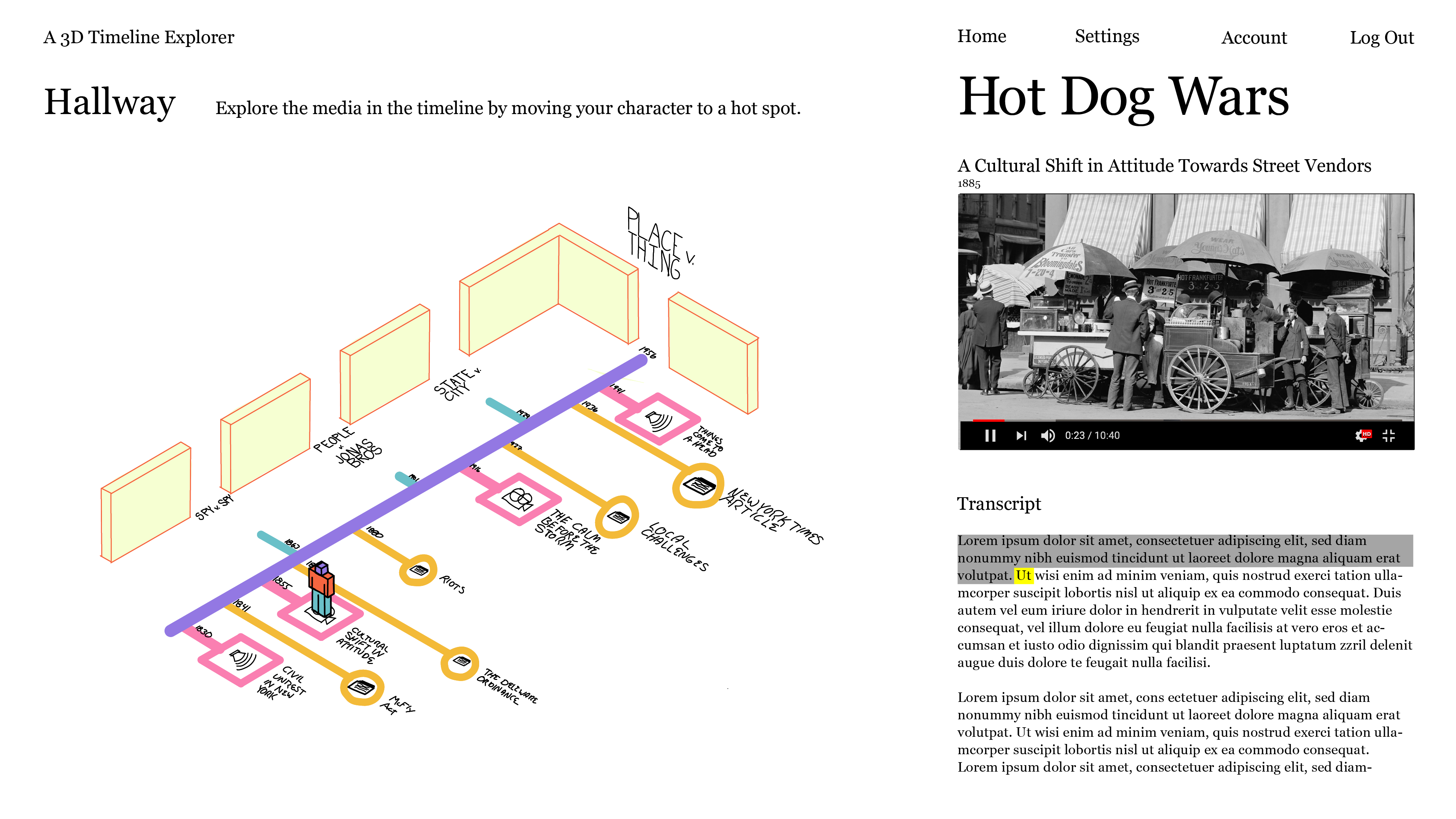 a 3d cartoon depiction of a hallway with a timeline on the floor, marked with various hot spot symbols for sounds, movies or articles