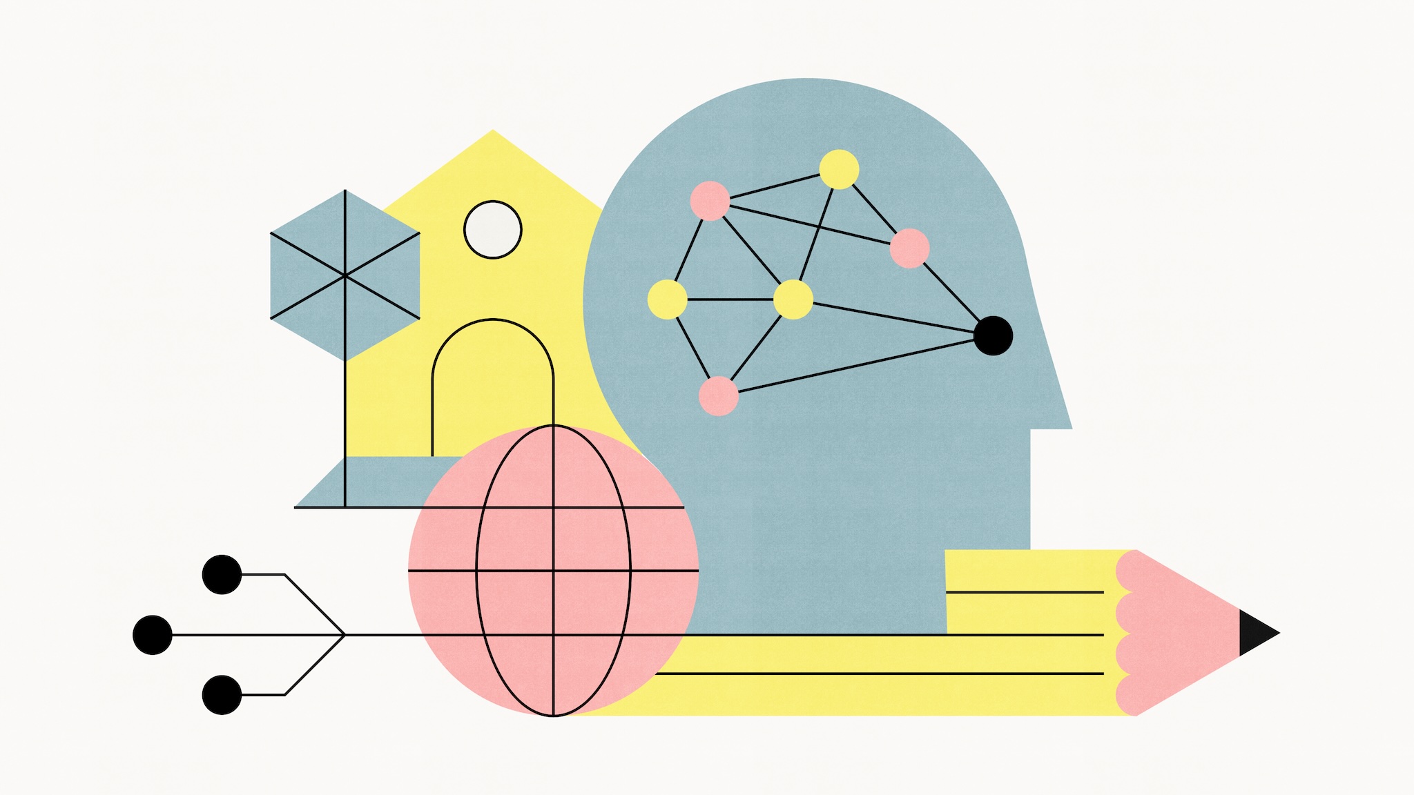 Abstract illustration featuring a blue human head with a neural network pattern inside, a yellow house shape, a pink globe, and a yellow pencil, representing concepts of learning, education, and knowledge. Geometric shapes and lines connect the elements, symbolizing interconnected ideas.