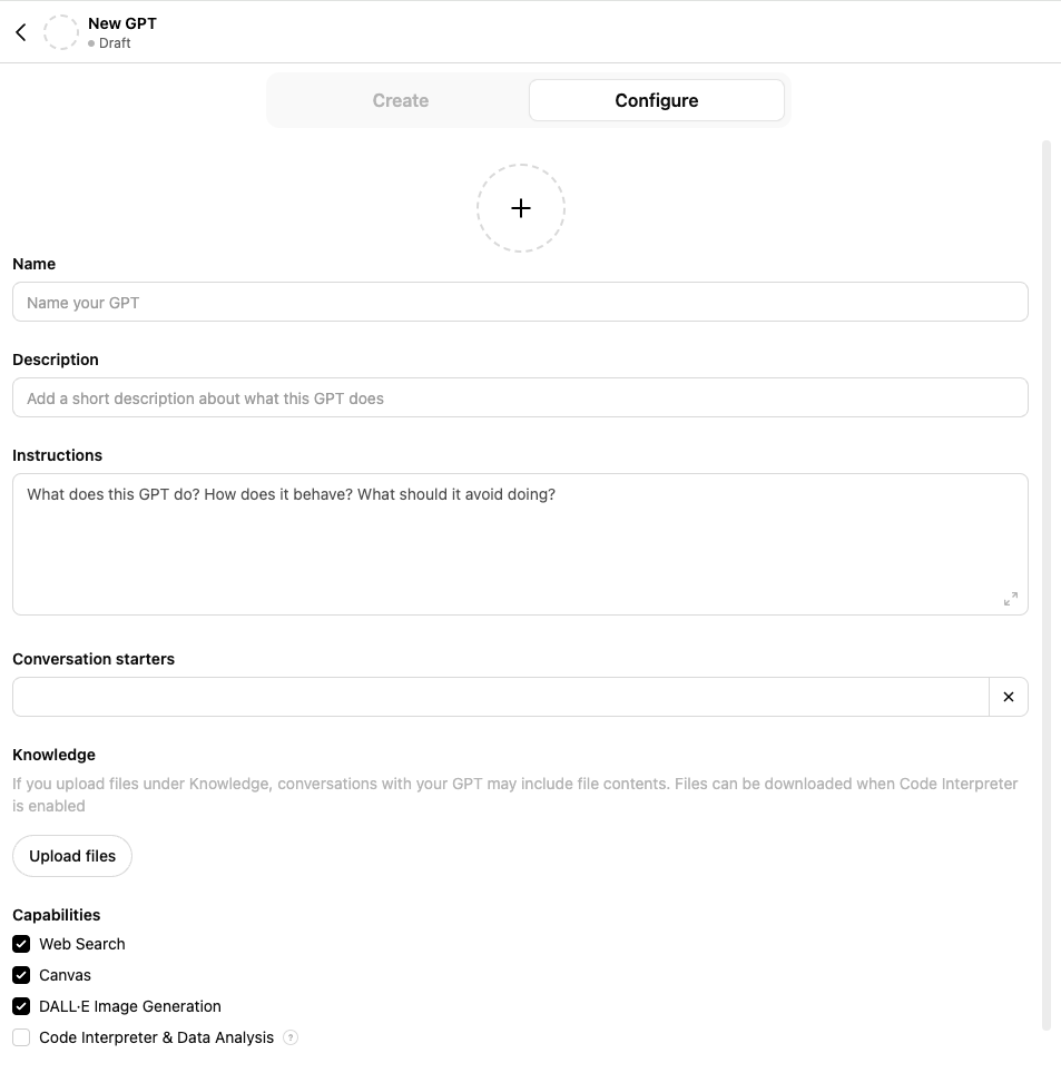 Screenshot: “Configure” tab for custom GPTs.
