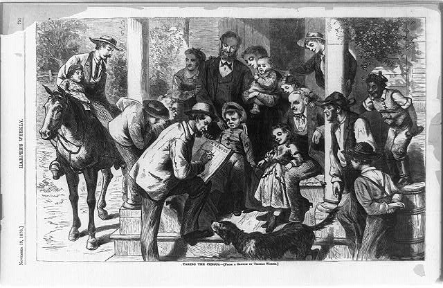 Illustration of a man taking the census from a group of people in front of a building