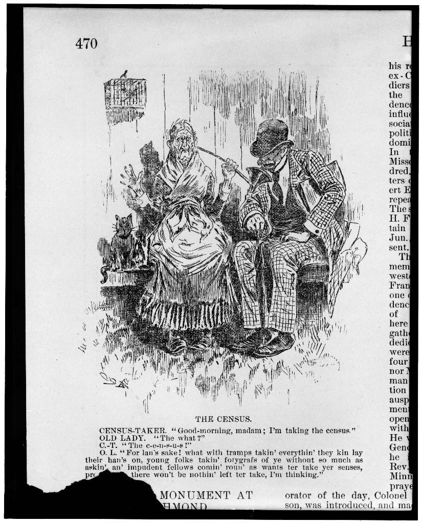 Cartoon depicting a man taking the census from an old woman
