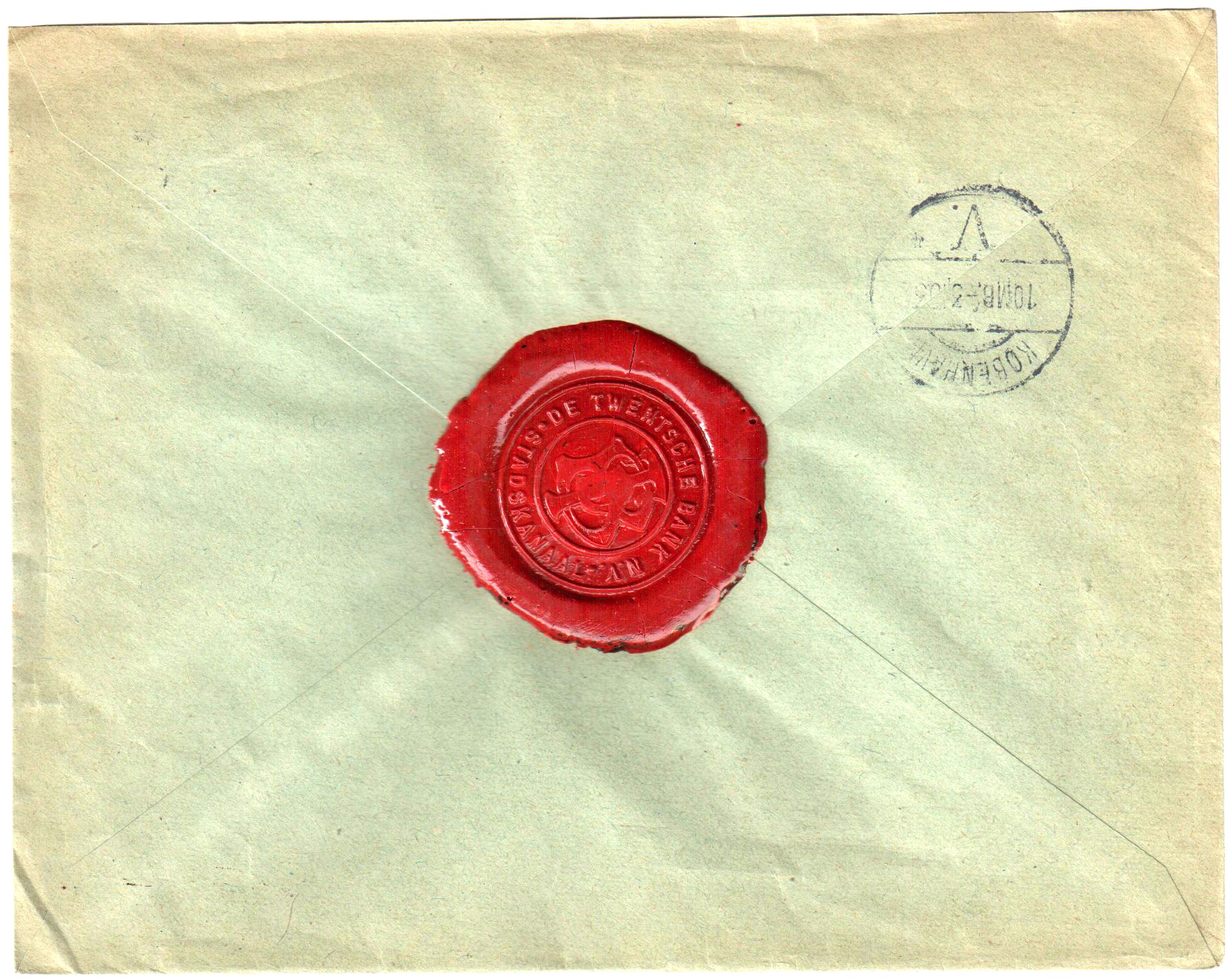 Photograph of a wax seal marked 'De Twentsche Bank' in the Netherlands