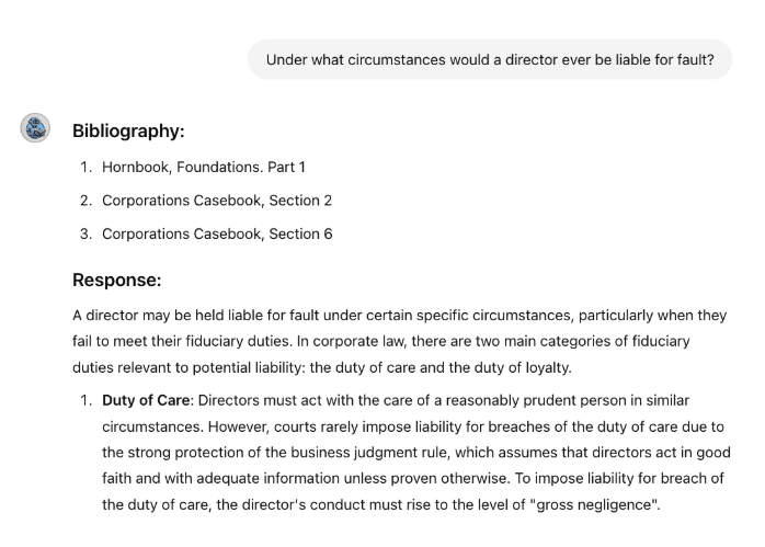 Screenshot: Sample output from a Corporations class chatbot with course materials to answer students’ questions.