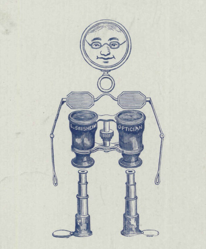 Scanned illustration depicting a man made out of optical equipment; advertisement for L. Srisheim, optician (ca. 1840)