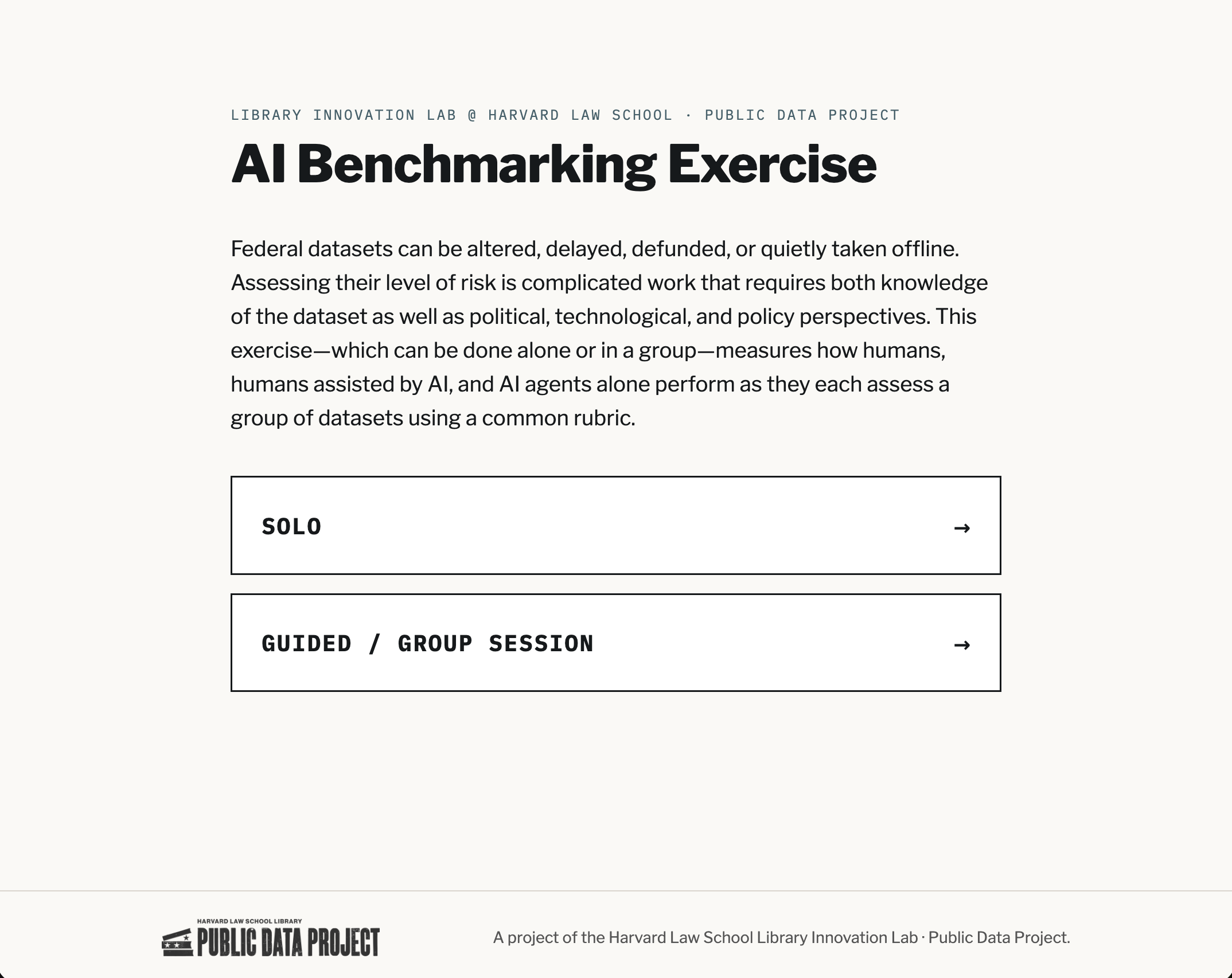 Screenshot of AI Benchmarking Exercise home page