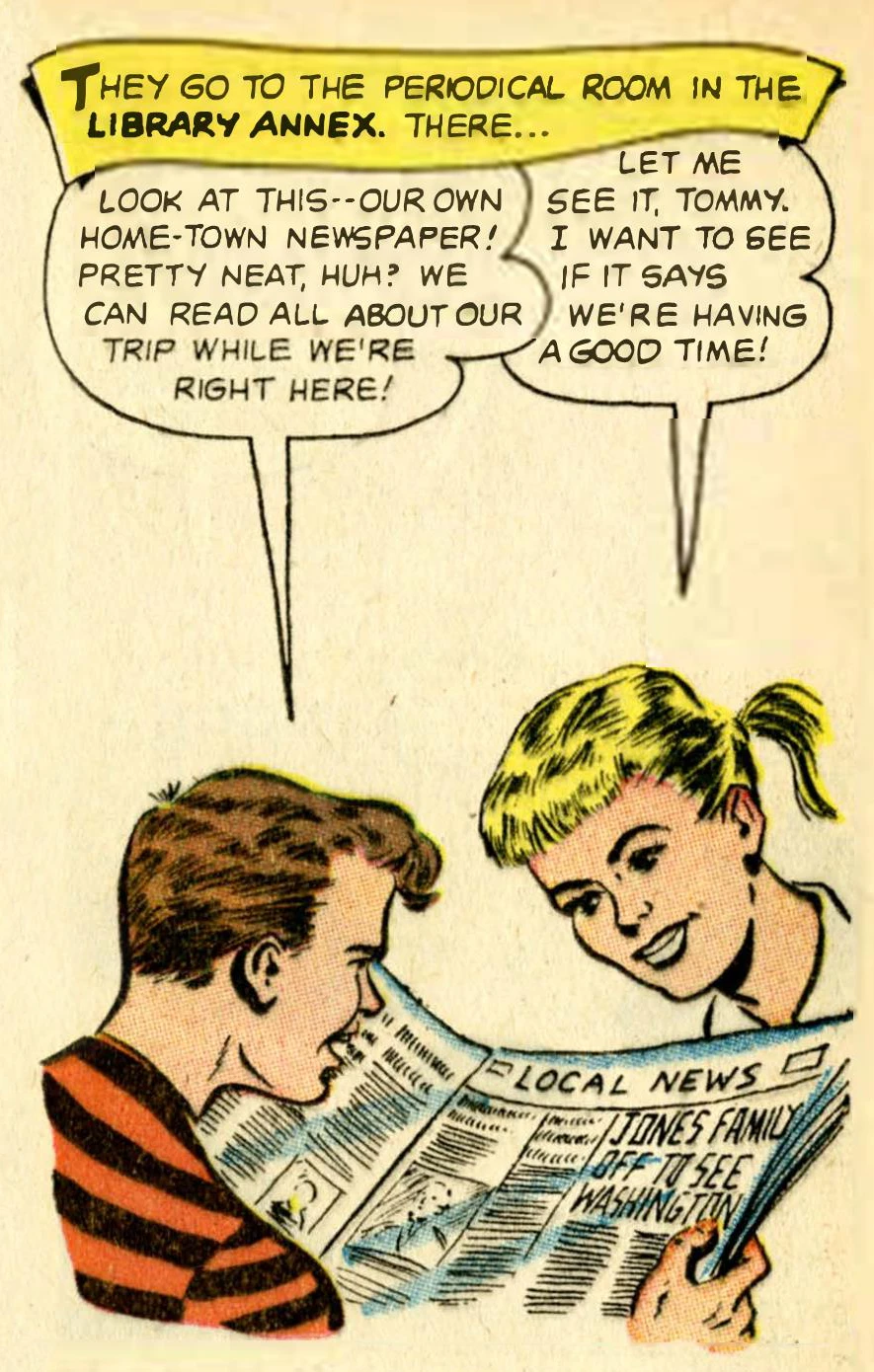 Comic book panel depicting two young people viewing their hometown newspaper at the Library of Congress