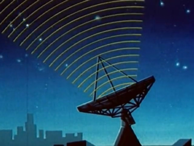 Still frame depicting a satellite dish transmitting waves into space