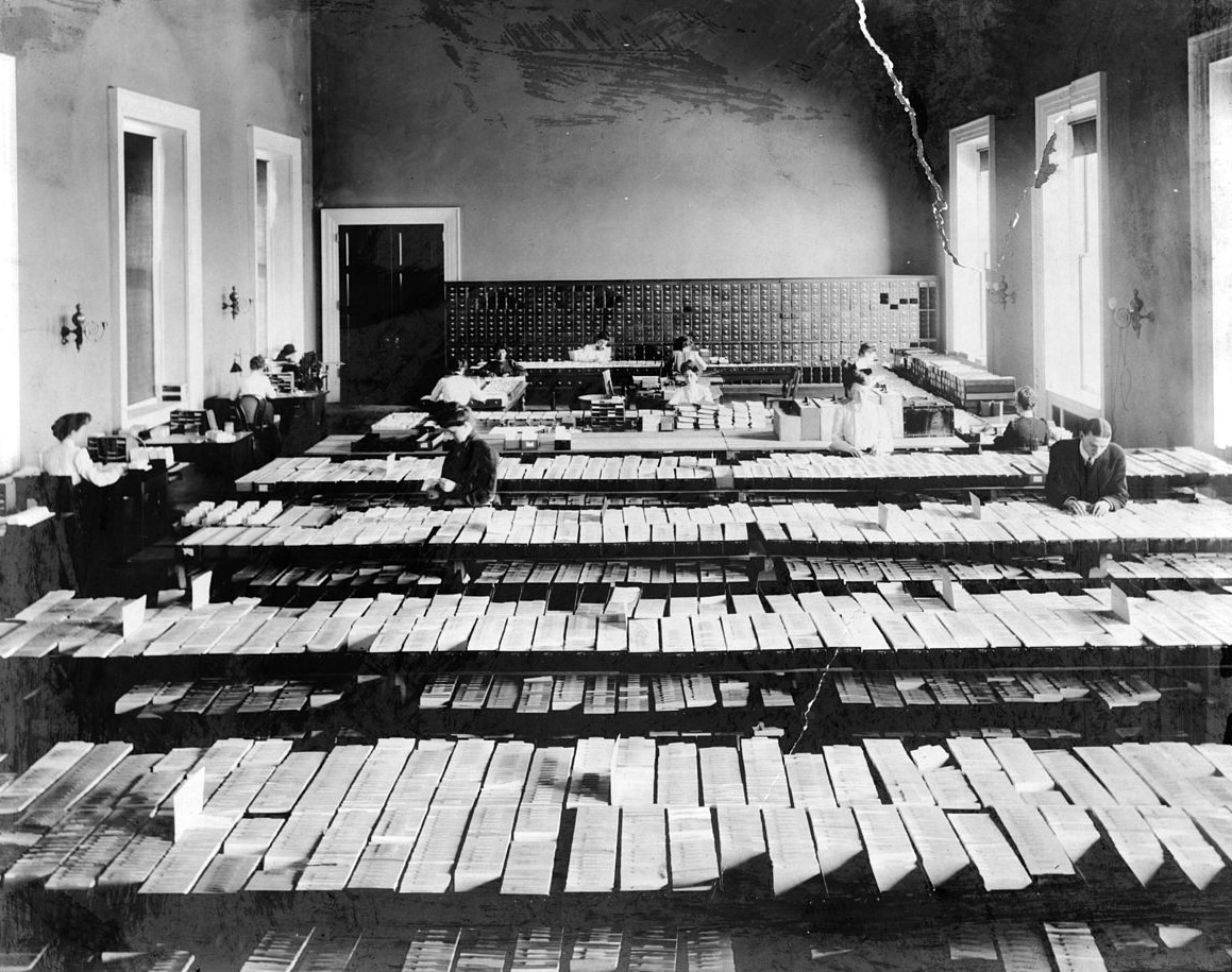 Photograph of people working in the Card Division of the Library of Congress, circa 1900–1920