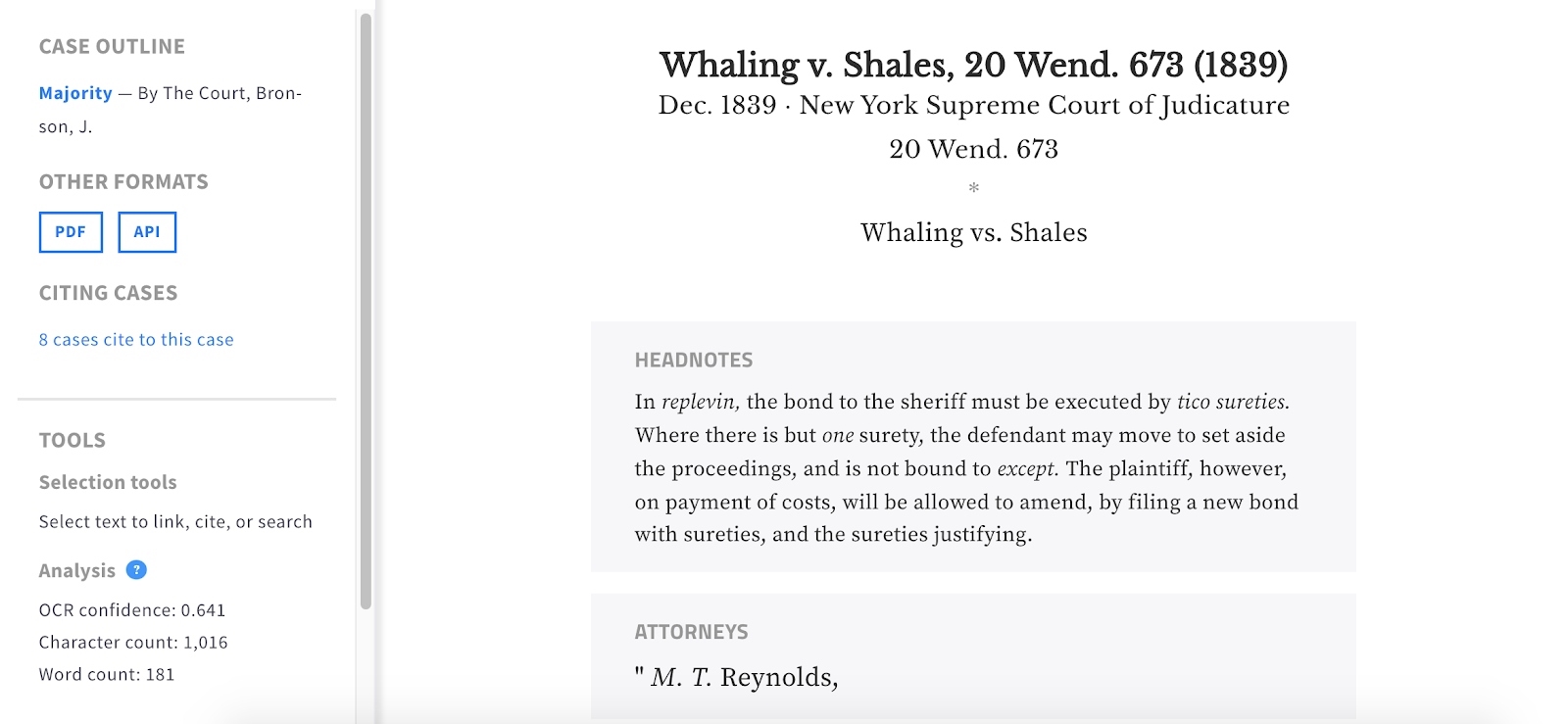 Case view of "Whaling v. Shales" (1839) showing headnotes and attorneys highlighted above the text of the opinion.