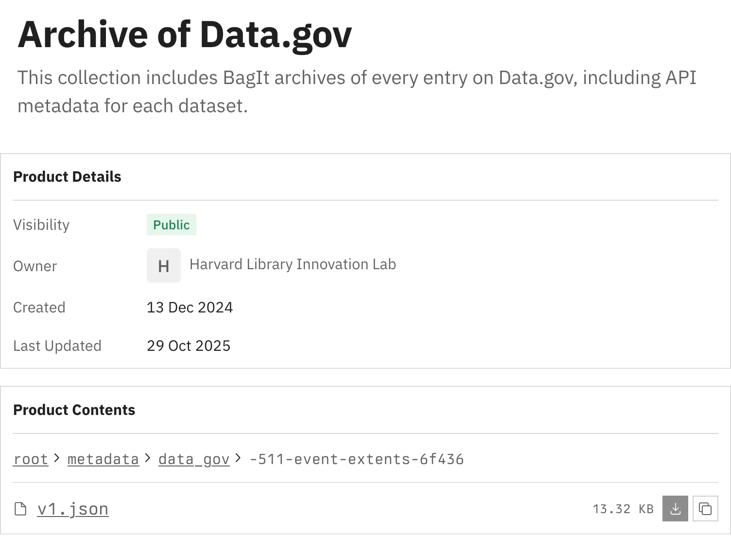 Screenshot of a metadata record in the Library Innovation Lab's Data.gov Archive