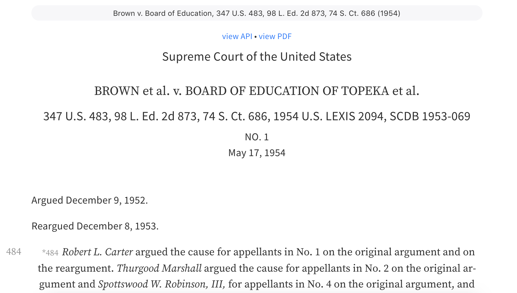 Brown v. Board of Education, 347 U.S. 483, 98 L. Ed. 2d 873, 74 S. Ct. 686 (1954)