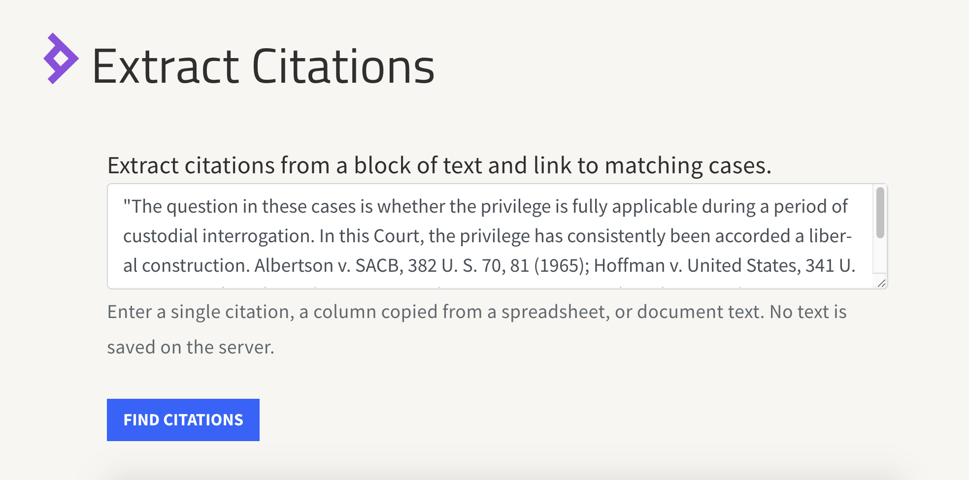 Screenshot of Fetch PDFs showing text box containing excerpt from Miranda v. Arizona.