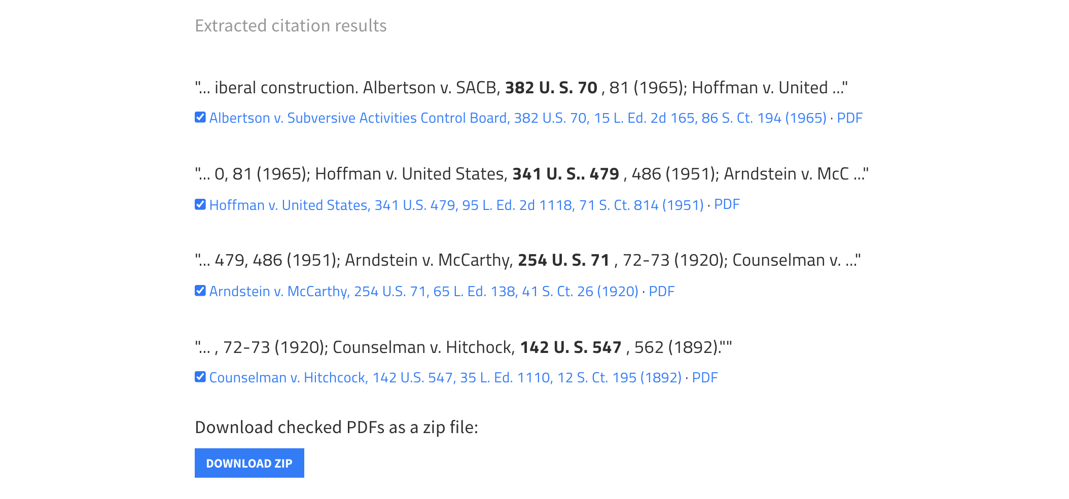 Screenshot of Fetch PDFs showing the list of cases cited in the excerpt, and the option to download PDFs of those cases as a zip file.