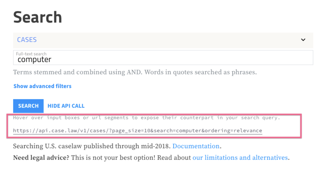 Search for the word "computer", showing the API call used to complete the search as a link, highlighted with a box. 