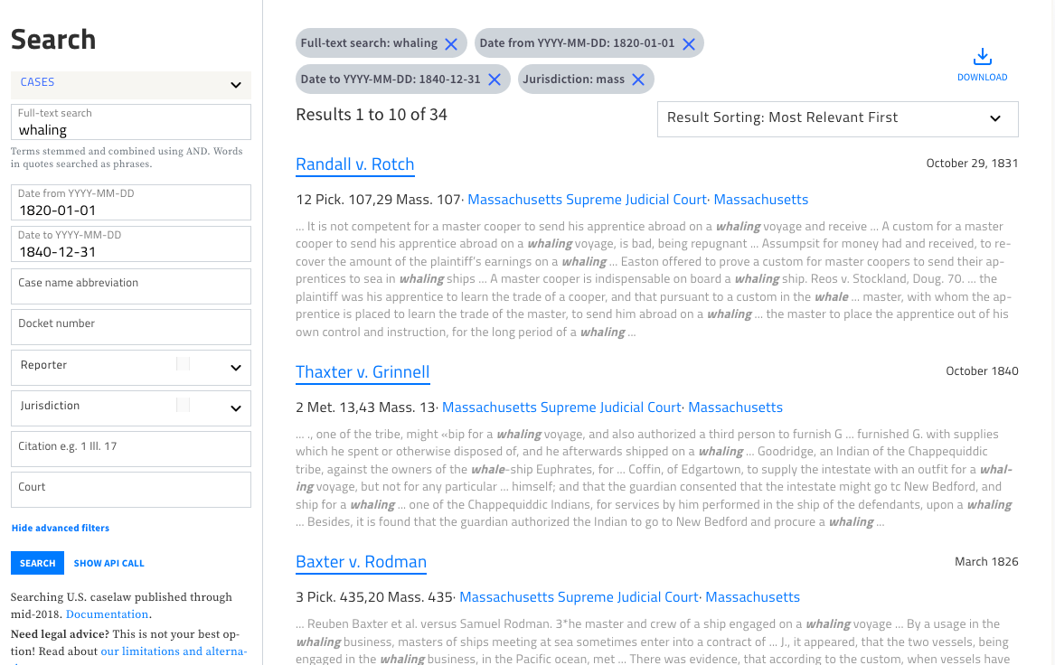 Search results for cases that include the word "whaling" decided from 1820 to 1840 in Massachusetts, showing filters on left.