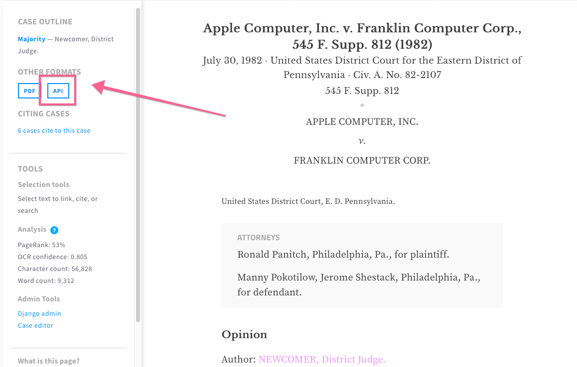 Viewing the case, "Apple Computer, Inc v. Franklin Computer Corp.", with an arrow pointing to the format option "API", highlighted with a box.