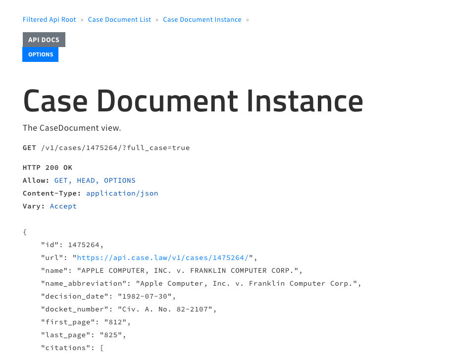 Viewing the case  "Apple Computer, Inc v. Franklin Computer Corp." as structured data using the CAP API. 