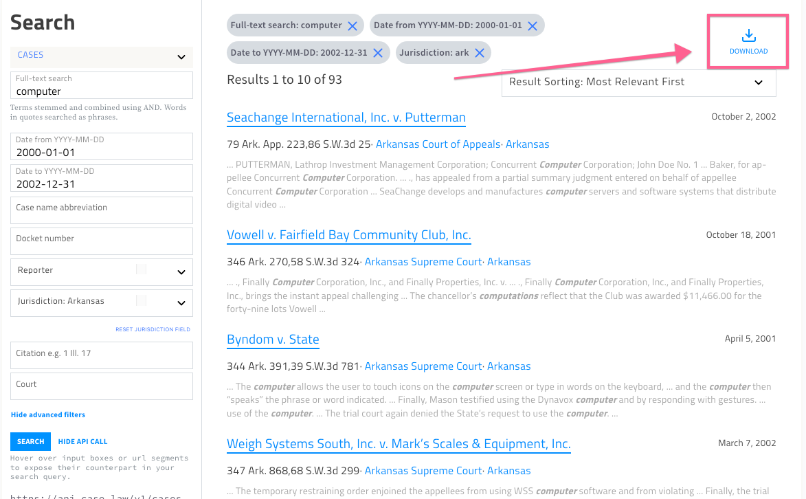 Search for the word "computer", for cases decided in Arkansas between January 1, 2000 and December 31, 2002, with an arrow pointing to the "download" option, highlighted with a box.