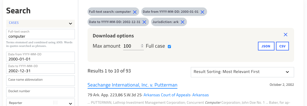 Search for the word "computer", for cases decided in Arkansas between January 1, 2000 and December 31, 2002, showing download options.