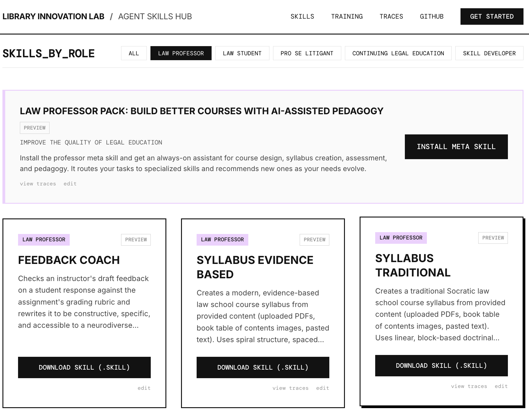 Screenshot of the Law Skills Hub, highlighting the "Law Professor" or instructional category.