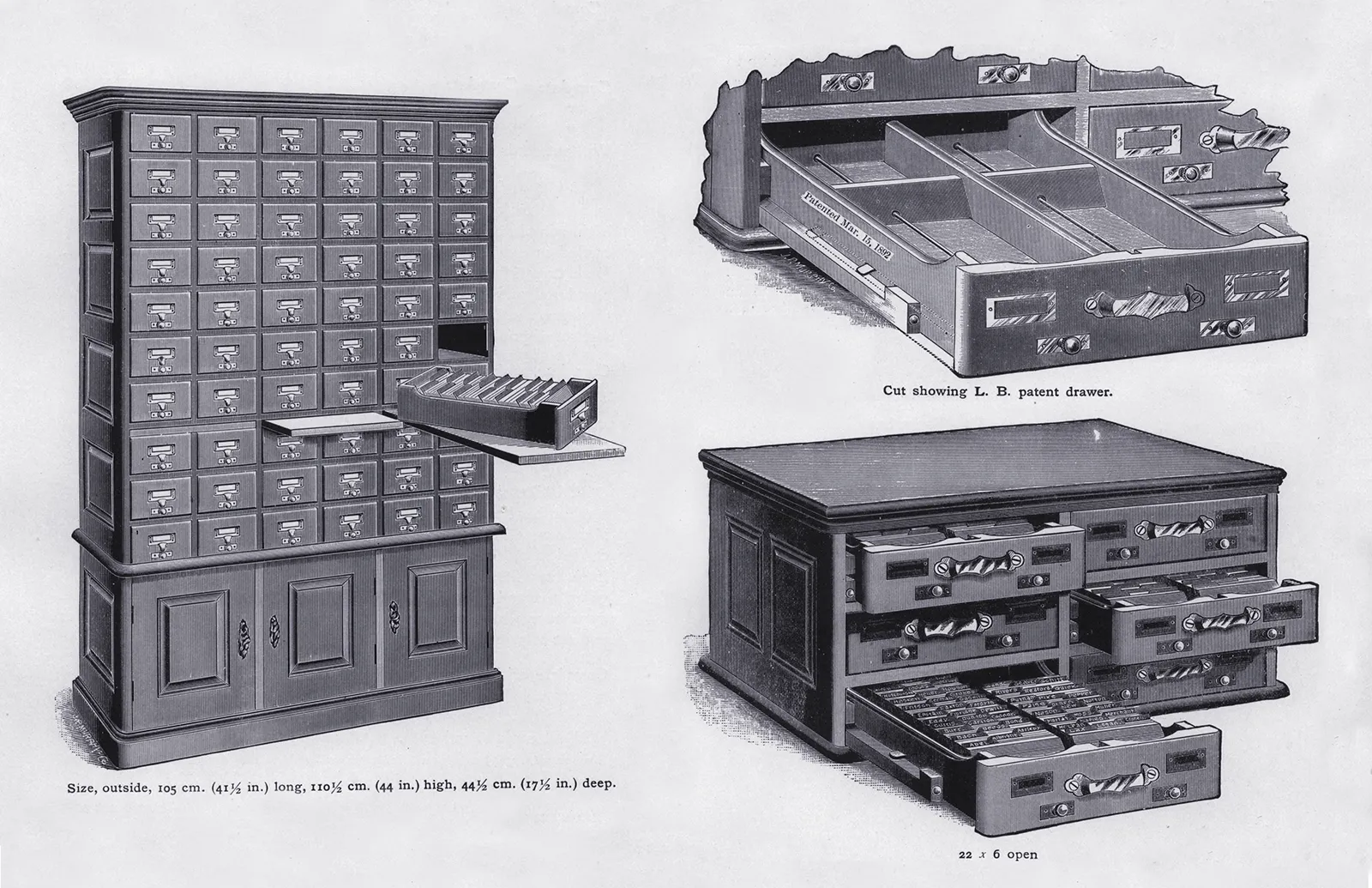 Illustrations of a library card catalog and two cabinets with drawers sold by the Library Bureau