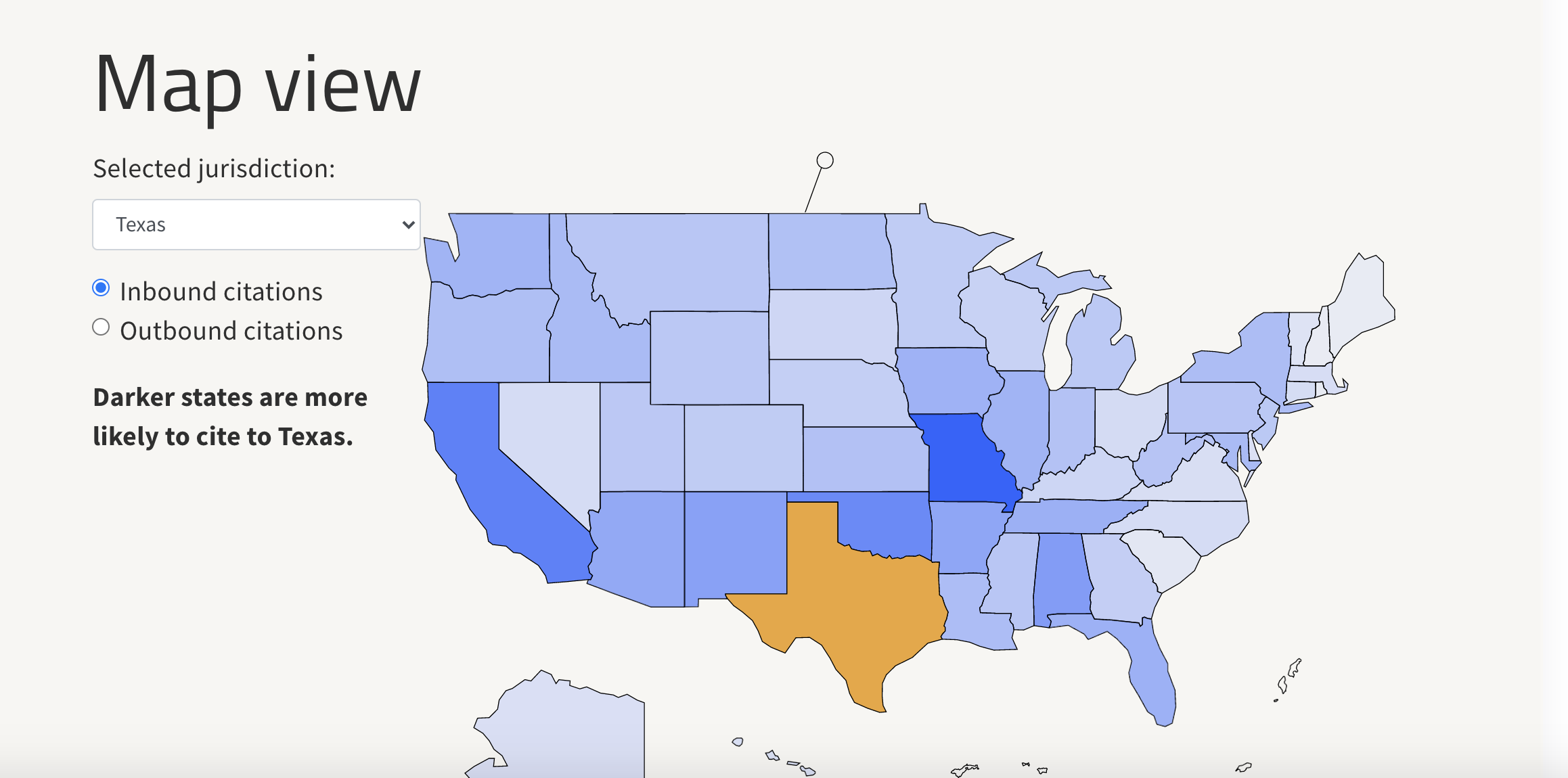 Map view showing inbound citations to Texas, with Missouri and California shown as most likely to cite that state.