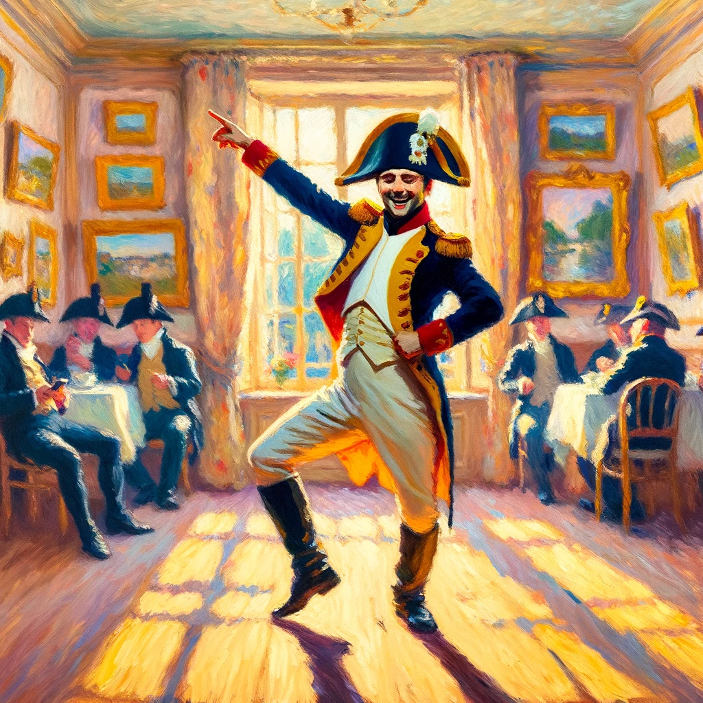 A picture of Napoleon Bonaparte doing a TikTok dance, as painted by Monet, as interpreted by ChatGPT
