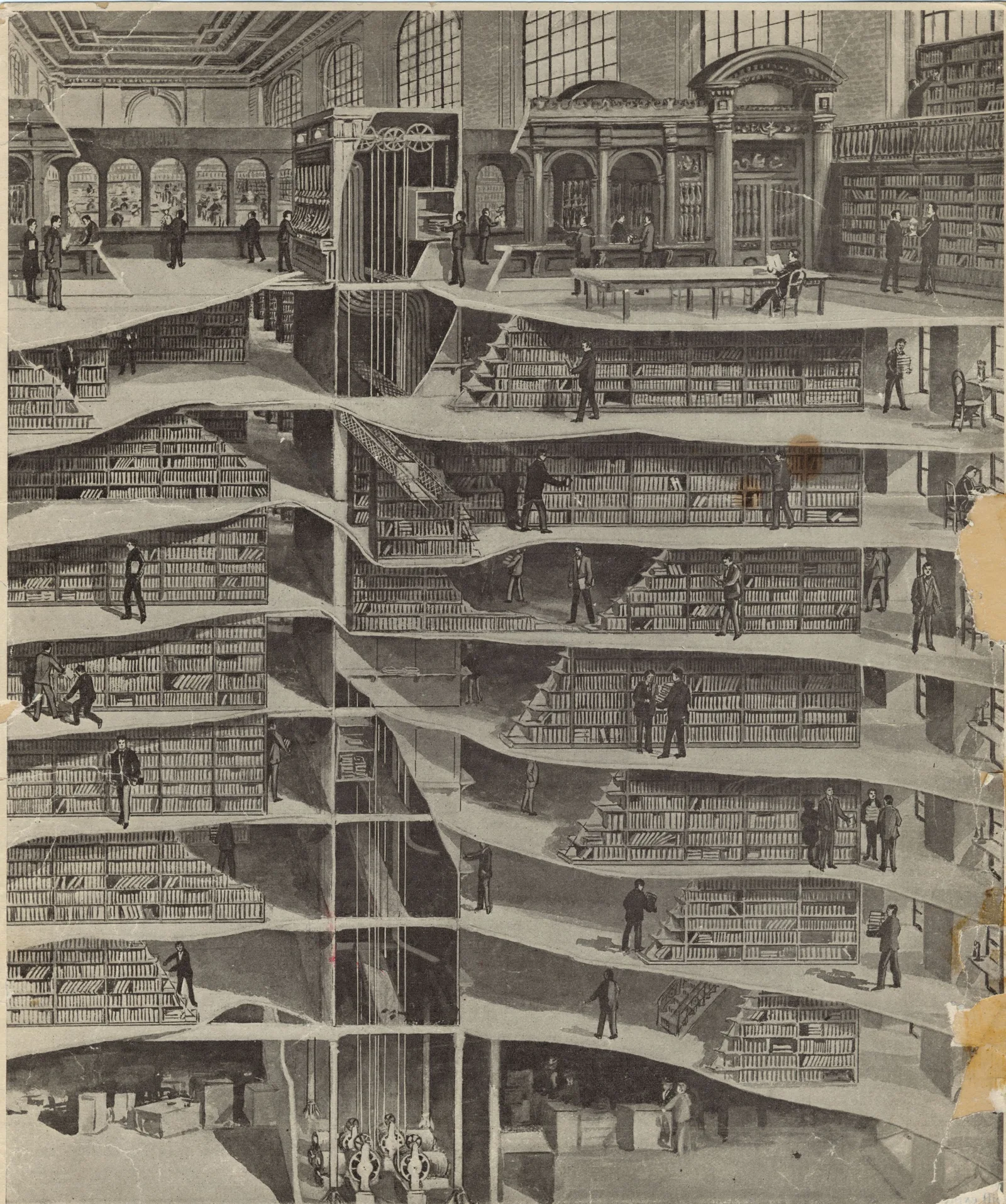 Cutaway engraving of the New York Public Library showing seven tiers of book stacks beneath the main reading room, with staff retrieving books and a lift shaft carrying them up to readers