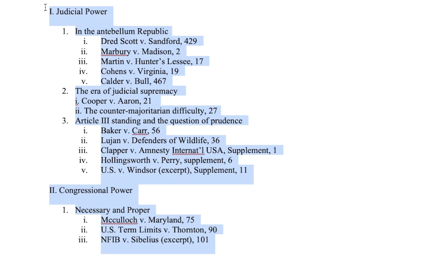 Selected table of contents shown in constitutional law casebook.