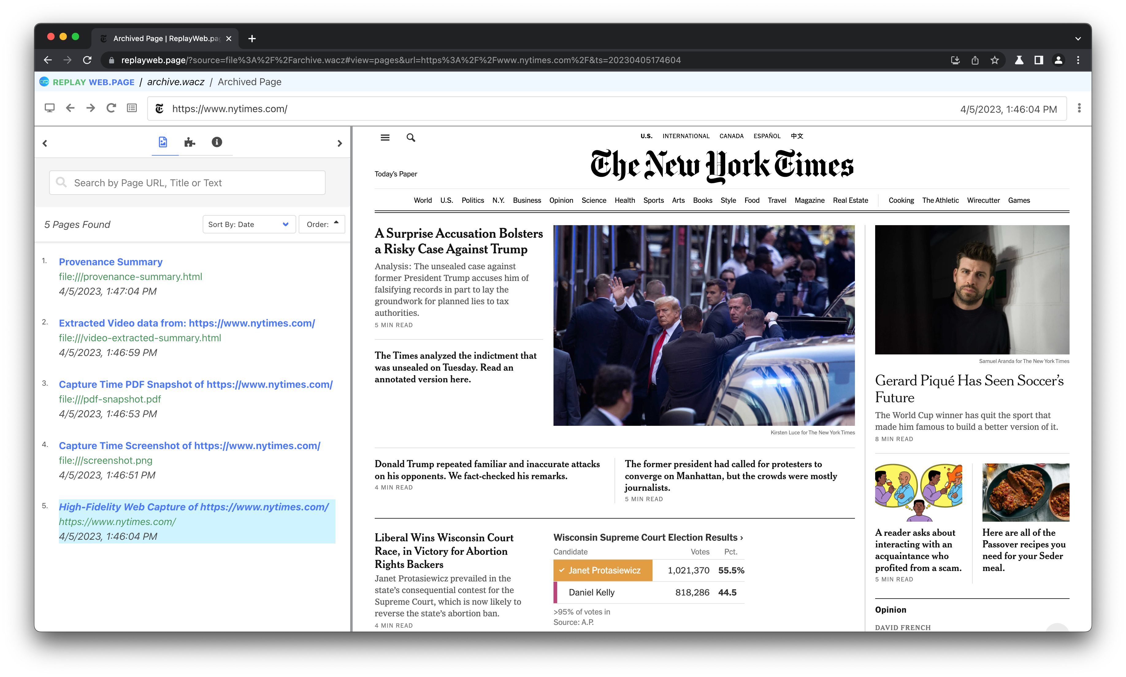 A capture of the nytimes.com homepage made with Scoop on April 5 2023