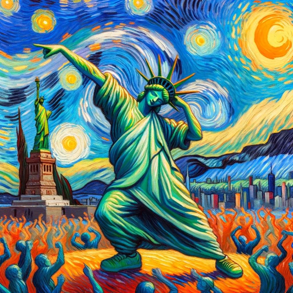 A picture of the Statue of Liberty doing a TikTok dance, as painted by van Gogh, as interpreted by ChatGPT